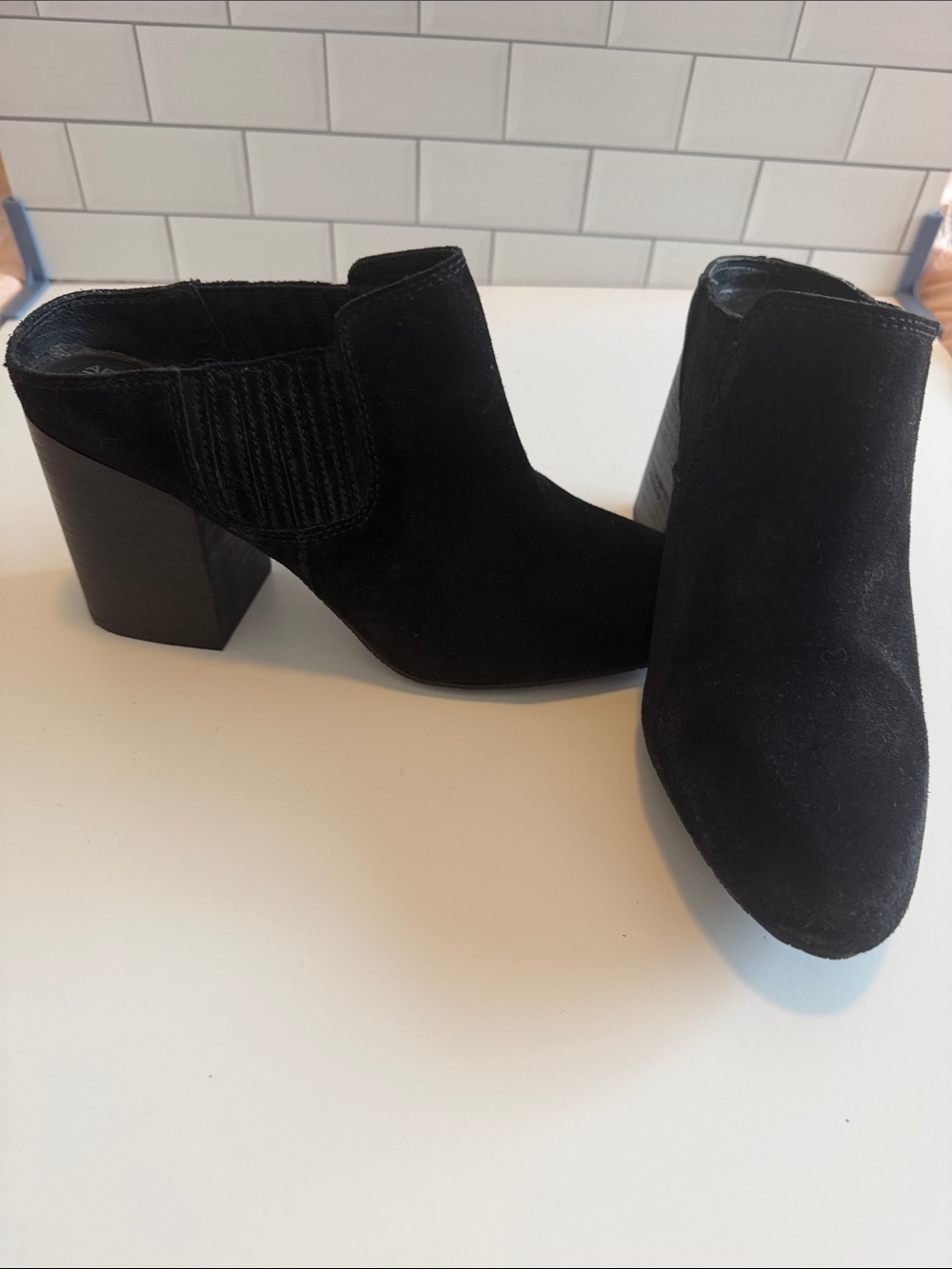 Adam Tucker Black Suede Block Heel Mules